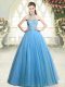 Blue A-line Halter Top Sleeveless Tulle Floor Length Zipper Beading Prom Party Dress
