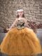 Modern Floor Length Ball Gowns Sleeveless Gold Little Girls Pageant Dress Lace Up