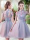 Deluxe Grey Short Sleeves Appliques Knee Length Prom Gown