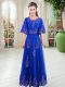 Lace Dress for Prom Royal Blue Lace Up Half Sleeves Floor Length