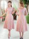Attractive Pink Lace Zipper Prom Dresses Half Sleeves Tea Length Beading