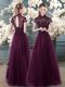 Popular A-line Evening Dress Purple High-neck Tulle Short Sleeves Floor Length Backless