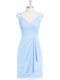 Light Blue V-neck Zipper Appliques and Ruching Prom Party Dress Cap Sleeves