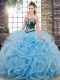 Baby Blue Ball Gowns Sweetheart Sleeveless Tulle Sweep Train Lace Up Embroidery Vestidos de Quinceanera