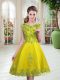Yellow Green A-line Beading and Appliques Prom Evening Gown Lace Up Tulle Sleeveless Knee Length