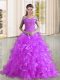 High End Sleeveless Organza Sweep Train Lace Up Ball Gown Prom Dress in Purple with Beading and Lace and Ruffles