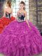 Embroidery and Ruffles Ball Gown Prom Dress Fuchsia Lace Up Sleeveless Sweep Train