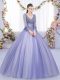 Floor Length Lavender Quinceanera Gown Tulle Long Sleeves Lace and Appliques