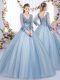 Edgy V-neck Long Sleeves Tulle Quince Ball Gowns Lace and Appliques Lace Up