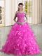 Fuchsia Organza Lace Up Vestidos de Quinceanera Sleeveless Sweep Train Beading and Lace and Ruffles