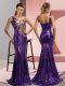 Custom Designed Purple Mermaid Sequined One Shoulder Sleeveless Beading and Appliques Lace Up Sweep Train