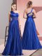 Spectacular One Shoulder Sleeveless Prom Dresses Floor Length Beading and Ruching Royal Blue Chiffon