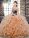 Elegant Peach Sleeveless Embroidery and Ruffles Lace Up Quinceanera Gowns