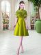 Comfortable Olive Green A-line Satin High-neck Cap Sleeves Ruffled Layers Knee Length Lace Up Prom Gown