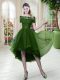 Green A-line Off The Shoulder Short Sleeves Tulle High Low Lace Up Lace Prom Dresses