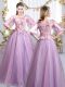Customized Floor Length Lavender Wedding Guest Dresses Tulle Half Sleeves Appliques