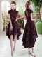 Lovely Red And Black A-line Lace High-neck Short Sleeves Appliques High Low Zipper Prom Evening Gown