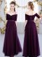 Dark Purple Short Sleeves Floor Length Ruching Lace Up Wedding Guest Dresses