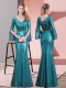 Super Long Sleeves Sequined Floor Length Zipper Dress for Prom in Teal with Belt
