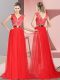 Red Homecoming Dress Tulle Sweep Train Sleeveless Beading and Lace
