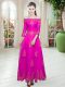Ankle Length Fuchsia Prom Party Dress Off The Shoulder 3 4 Length Sleeve Lace Up