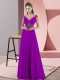 Modest Spaghetti Straps Sleeveless Prom Dress Sweep Train Beading Purple Satin