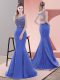 Blue Mermaid Beading and Lace Prom Dresses Lace Up Satin Sleeveless