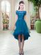 High Low Teal Homecoming Dress Off The Shoulder Short Sleeves Lace Up