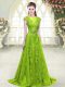 Glorious Yellow Green A-line Tulle Scoop Sleeveless Beading and Pick Ups Zipper Evening Dress Sweep Train
