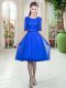 Royal Blue Empire Tulle Scoop Half Sleeves Lace Knee Length Lace Up Prom Evening Gown