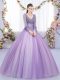 Lavender Ball Gowns V-neck Long Sleeves Tulle Floor Length Zipper Lace and Appliques Vestidos de Quinceanera