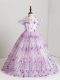 V-neck Short Sleeves Little Girl Pageant Gowns Floor Length Hand Made Flower Lilac Tulle