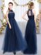 Navy Blue Empire Tulle High-neck Sleeveless Appliques Floor Length Lace Up Dama Dress