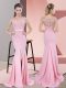 Nice V-neck Sleeveless Prom Gown Sweep Train Lace and Appliques Baby Pink Chiffon