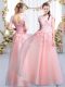Modern V-neck Cap Sleeves Tulle Bridesmaid Dresses Beading and Appliques Lace Up