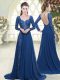 Long Sleeves Chiffon Sweep Train Zipper Evening Outfits in Blue with Beading and Lace