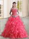 Coral Red Quinceanera Gown Off The Shoulder Sleeveless Sweep Train Lace Up