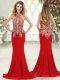 Sophisticated Red Halter Top Neckline Beading and Lace Evening Dress Sleeveless Zipper