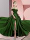 Hot Sale Sleeveless Elastic Woven Satin Sweep Train Backless Prom Dress in Green with Beading