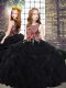 Black Ball Gowns Tulle Scoop Sleeveless Embroidery and Ruffles Zipper Girls Pageant Dresses Sweep Train
