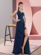 Empire Sleeveless Navy Blue Prom Party Dress Sweep Train Backless