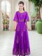 Purple A-line Lace Prom Dress Lace Up Tulle Half Sleeves Floor Length