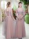 Custom Design Lace Evening Party Dresses Pink Lace Up Half Sleeves Floor Length