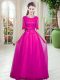Half Sleeves Floor Length Lace Lace Up Prom Dress with Fuchsia