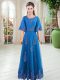 Tulle Scoop Half Sleeves Lace Up Lace Prom Gown in Blue