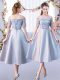 A-line Quinceanera Court of Honor Dress Silver Off The Shoulder Satin Half Sleeves Tea Length Lace Up