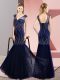 Discount Sleeveless Chiffon Floor Length Lace Up Evening Dress in Navy Blue with Beading