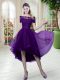 Glorious High Low Purple Prom Gown Off The Shoulder Short Sleeves Lace Up