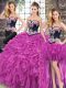 Sweet Fuchsia Sleeveless Organza Sweep Train Lace Up Sweet 16 Quinceanera Dress for Military Ball and Sweet 16 and Quinceanera