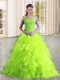Excellent Yellow Green A-line Organza Off The Shoulder Sleeveless Beading and Lace and Ruffles Lace Up Quince Ball Gowns Sweep Train